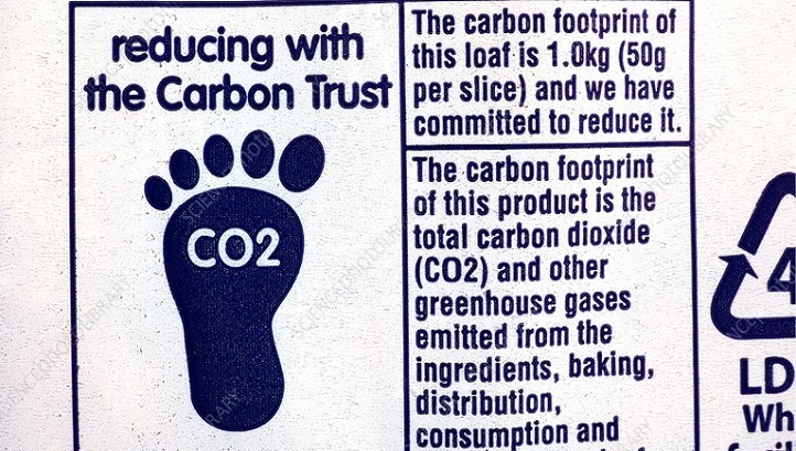 A carbon footprint label, as found on a variety of food items