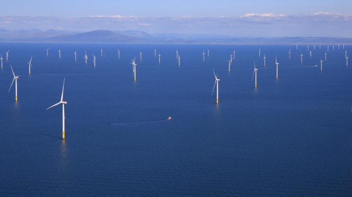 Pictured: Cumbria's Walney Extension wind farm, the largest offshore wind array in the world