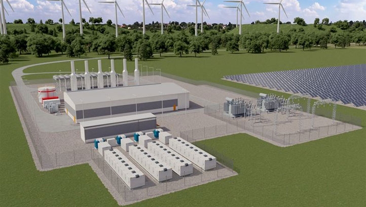 Pictured: An artist's impression of co-located renewable electricity generation and flexibility assets. Image: Wärtsilä