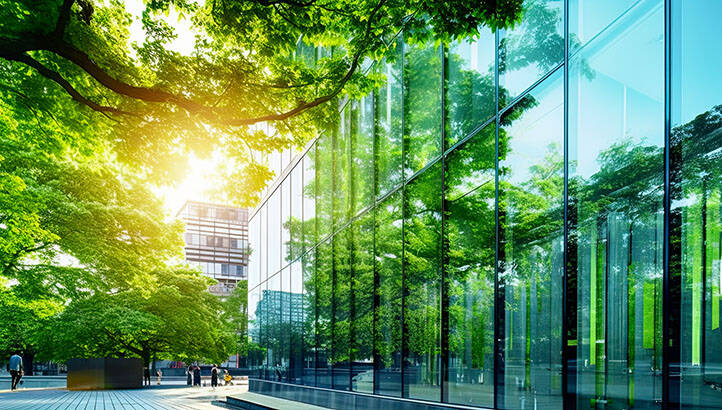 office building with tree for reducing carbon dioxide, eco green