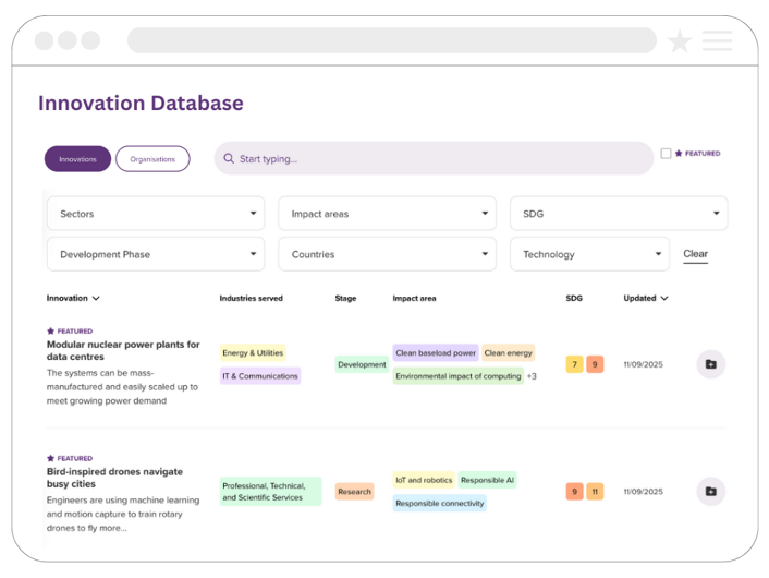 Innovation database interface with search and filter options.
