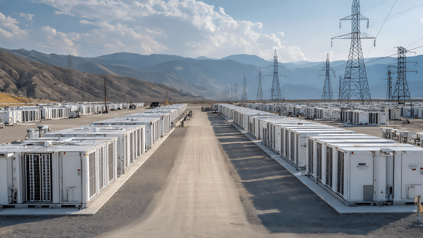 Battery storage facility with mountains in background.