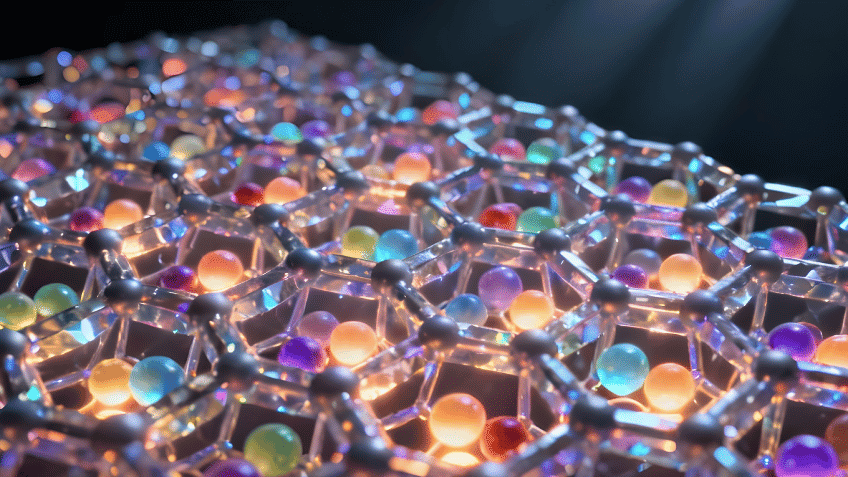 Colourful molecular structure with glowing spheres